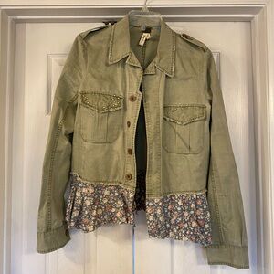 We The Free Olive Green Distressed Floral Hem Utility Jacket